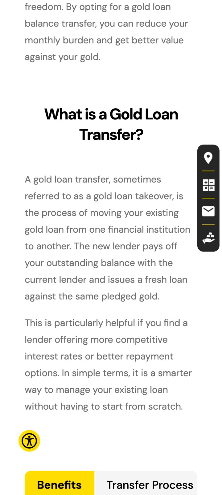 Gold loan transfer page on a phone, a few seconds after opening: already past the headline.