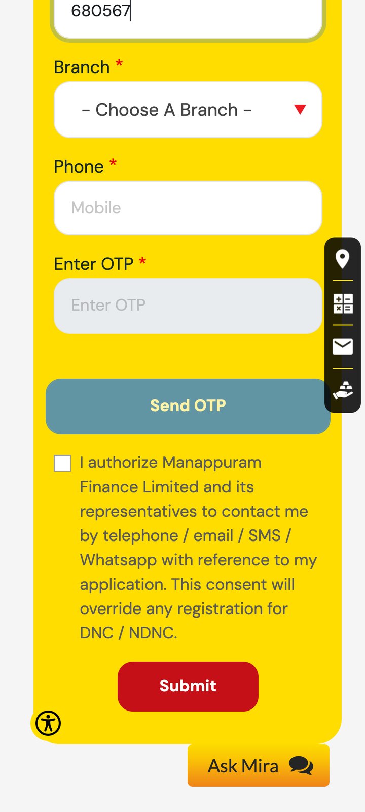 Form: side menu over Send OTP