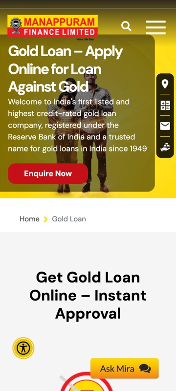 Gold Loan page on a phone, screen 1: Banner and 