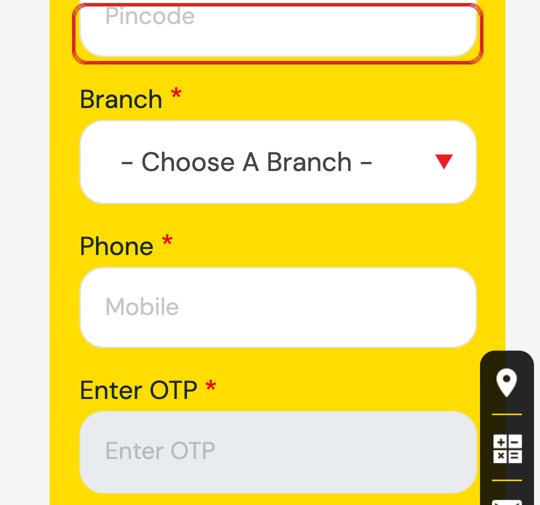 Live Gold Loan form on a phone: Pincode box. Plain text box. The phone opens a letters keyboard for a 6-digit number.