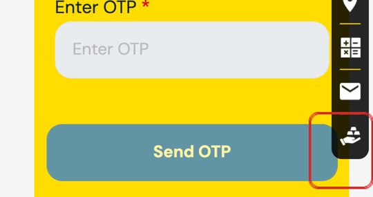 Live Gold Loan form on a phone: Send OTP. The side menu sits on top of the right end of the button.